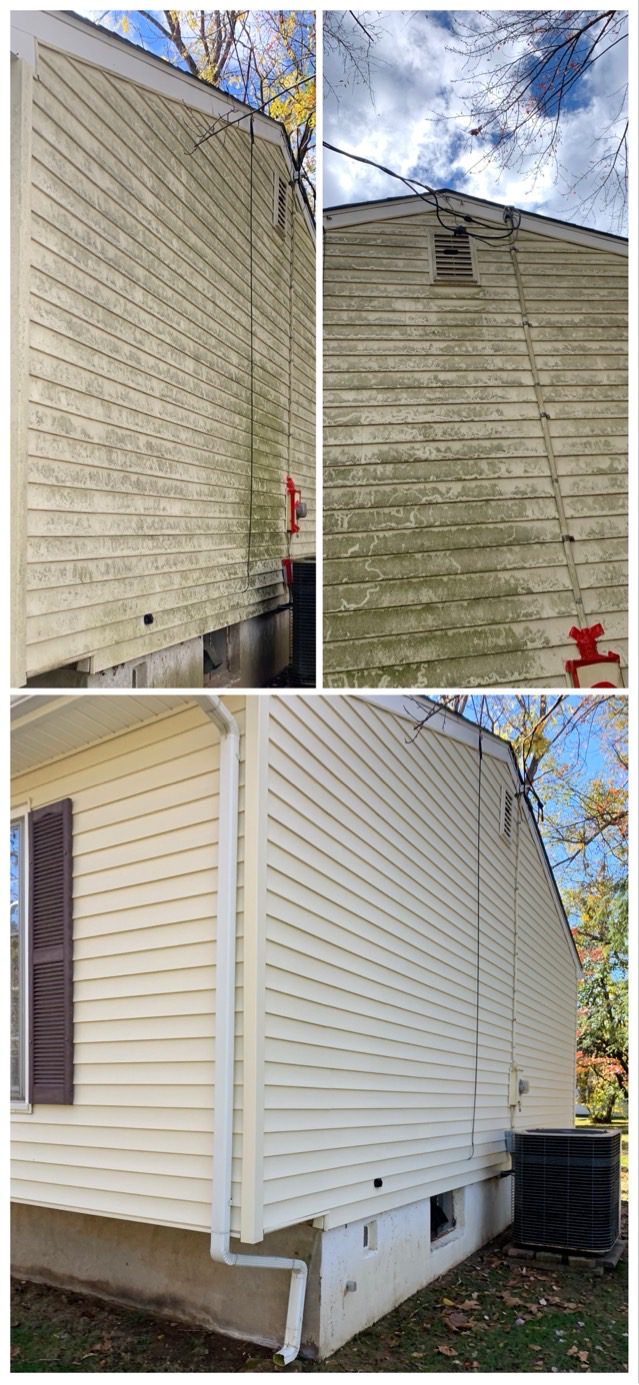 A before and after view of a house before washing and after washing